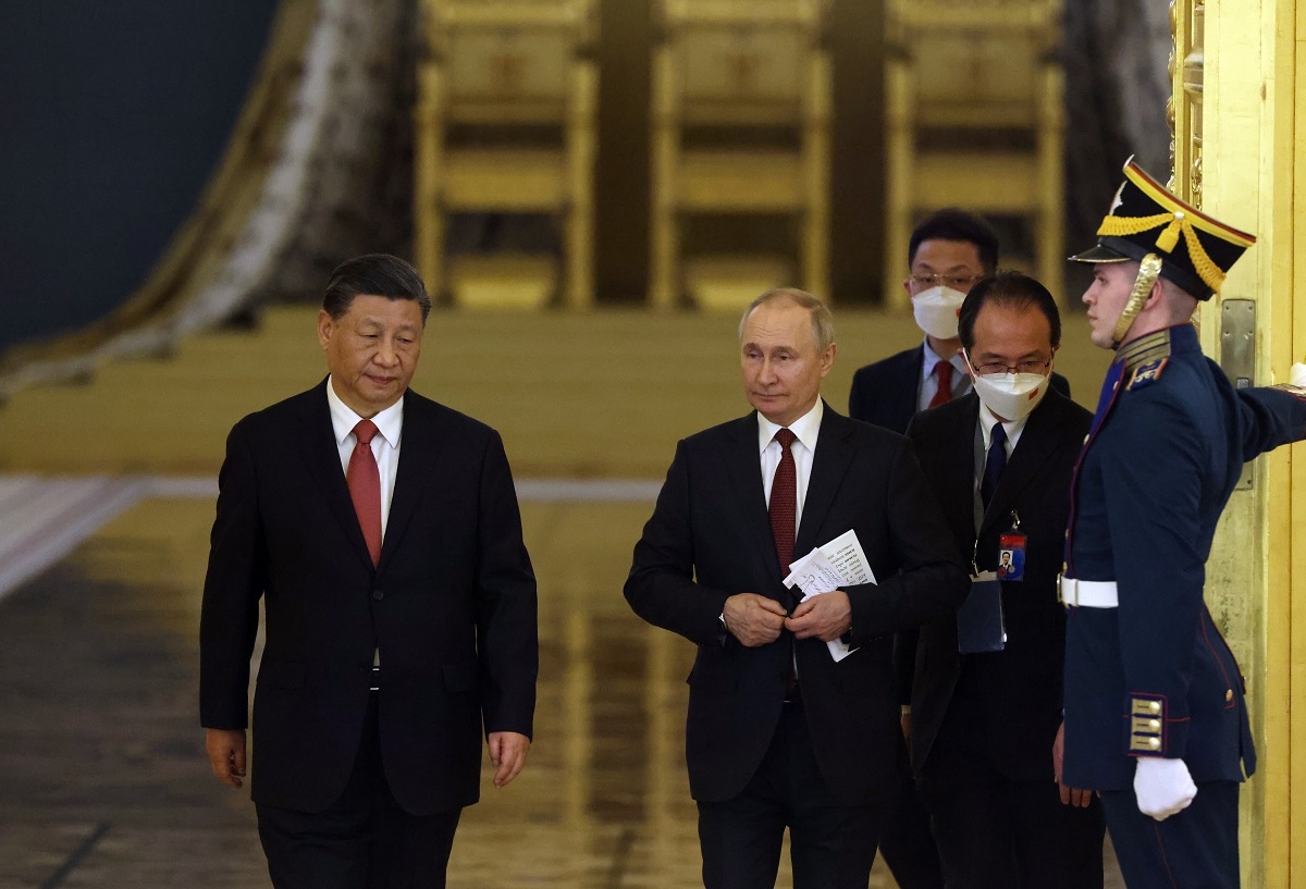 MOSCOW, RUSSIA - MARCH 21: (RUSSIA OUT) Chinese President Xi Jinping (L) arrives at the Grand Kremlin Palace for talks with Russian President Putin on March 21, 2023, in Moscow, Russia. Three days after the international criminal court (ICC) in The Hague issue arrest warrant for Putin, the Russian President is hosting Chinese leader Xi Jinping for his state visit to Russia. (Photo by Contributor/Getty Images)